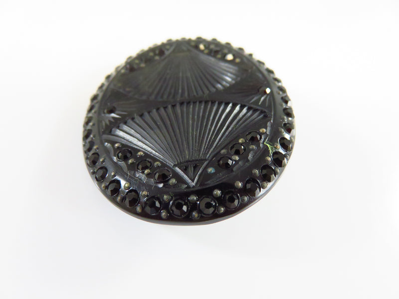 Art Deco Inspired Dual Fan Faceted Sparkling Plastic Oval Brooch Pin in Black