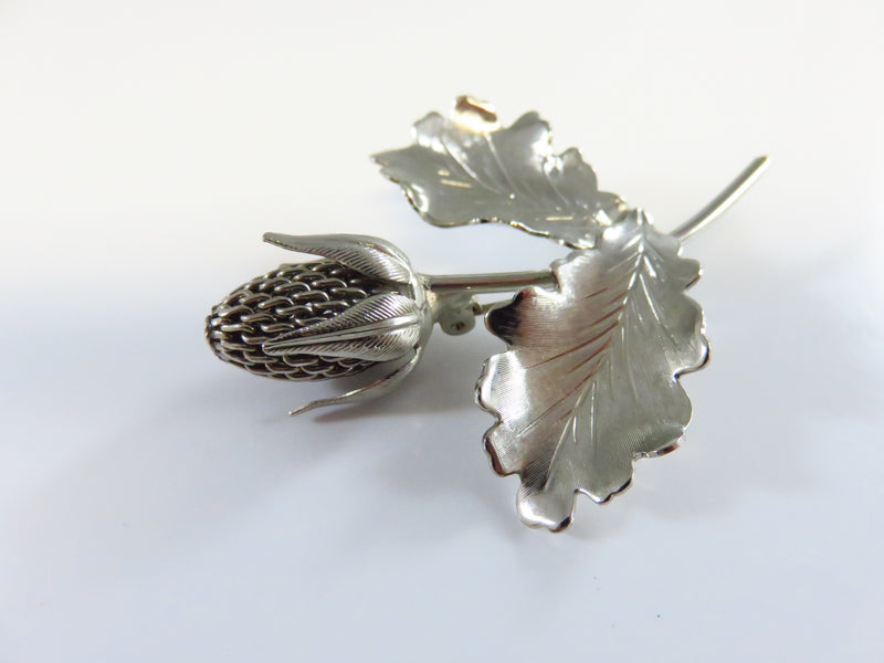 Vintage Silver Tone Textured Leaf Mesh Fruit Flower Brooch 2" x 1 5/8