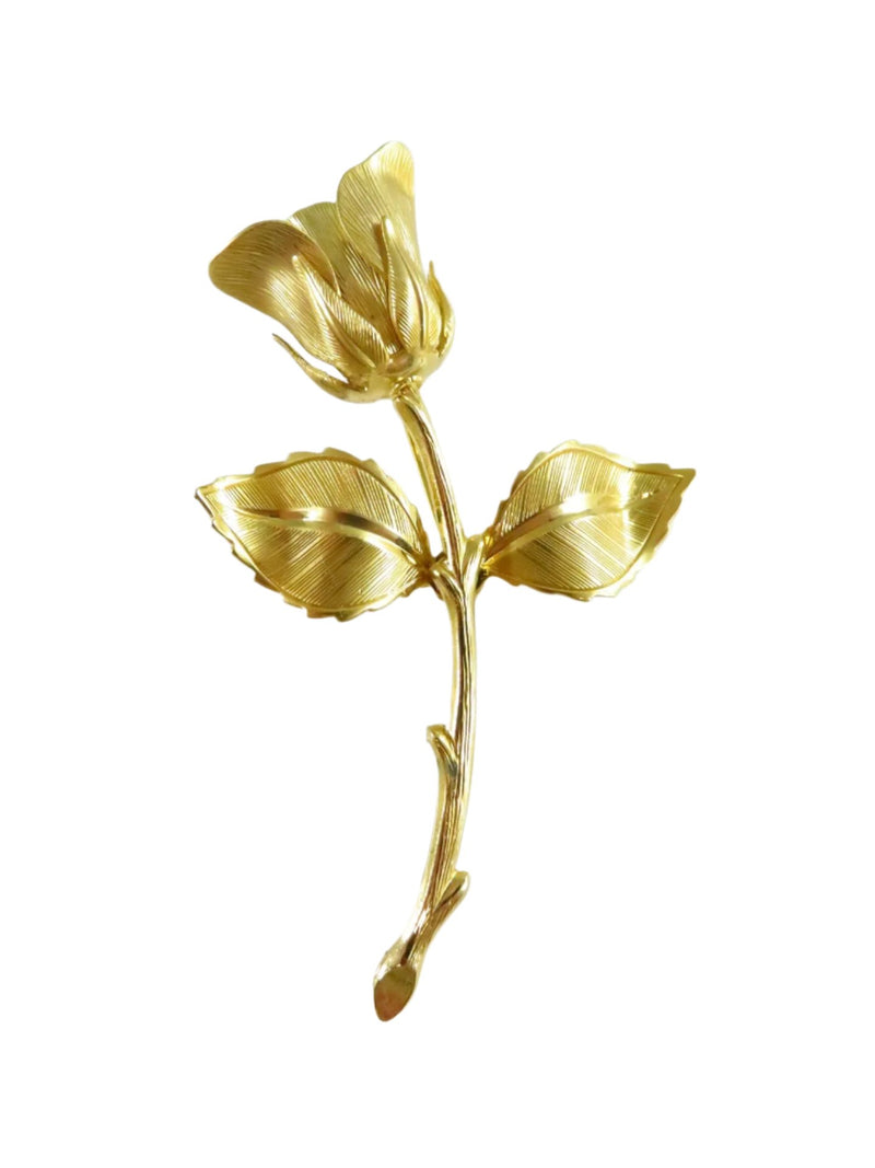 Rose Bud Double Leaf Brooch in Gold Tone Metal Lapel Pin Nice Details