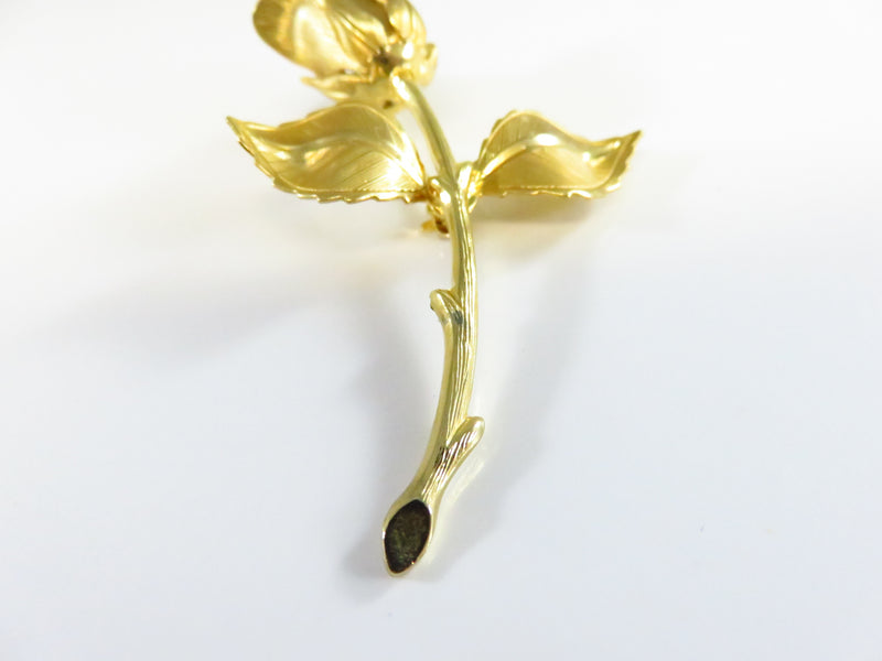 Rose Bud Double Leaf Brooch in Gold Tone Metal Lapel Pin Nice Details