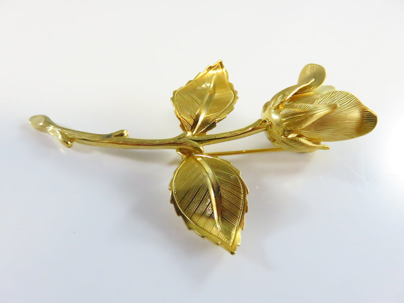 Rose Bud Double Leaf Brooch in Gold Tone Metal Lapel Pin Nice Details