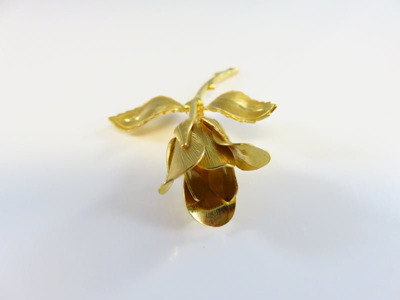 Rose Bud Double Leaf Brooch in Gold Tone Metal Lapel Pin Nice Details