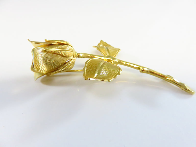 Rose Bud Double Leaf Brooch in Gold Tone Metal Lapel Pin Nice Details