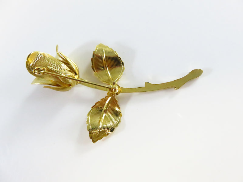 Rose Bud Double Leaf Brooch in Gold Tone Metal Lapel Pin Nice Details