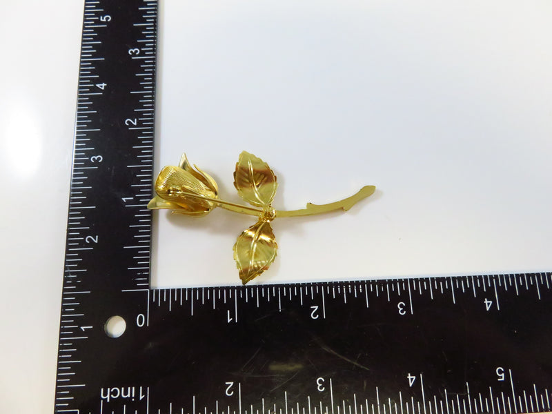 Rose Bud Double Leaf Brooch in Gold Tone Metal Lapel Pin Nice Details