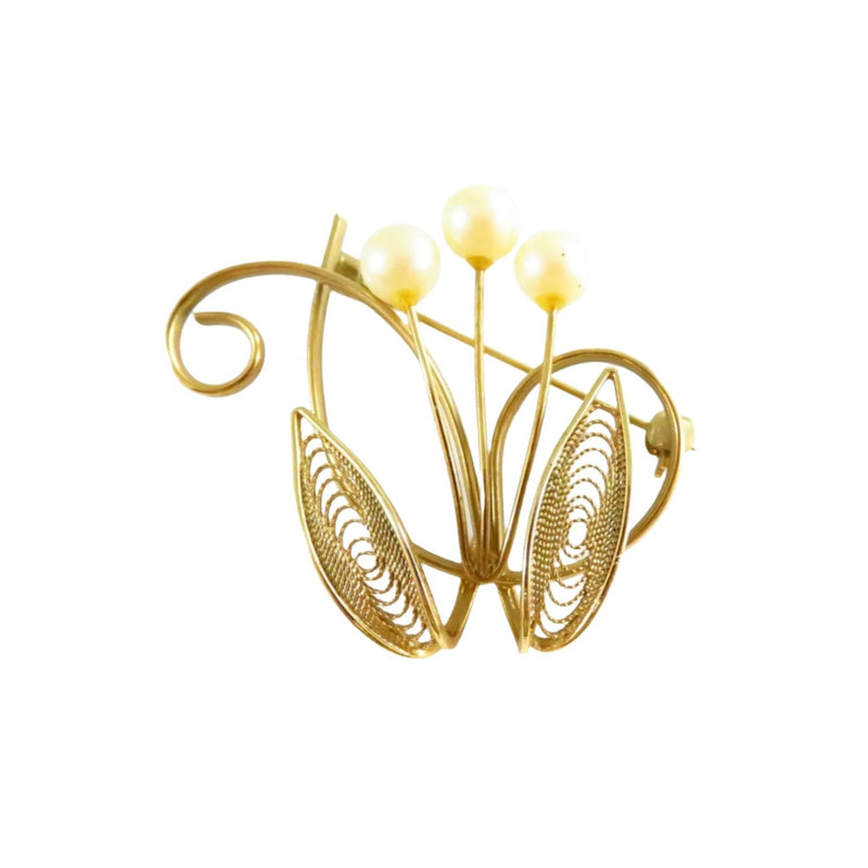 A Vintage Delicate Filigree Spiraling Wire 3 Faux Pearl Accented Brooch — Gold • Pearl — front view