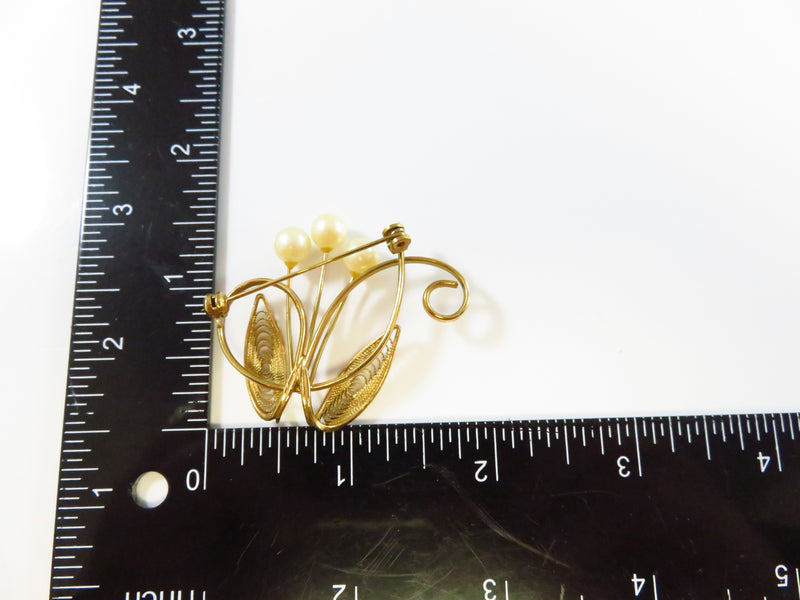 A Vintage Delicate Filigree Spiraling Wire 3 Faux Pearl Accented Brooch