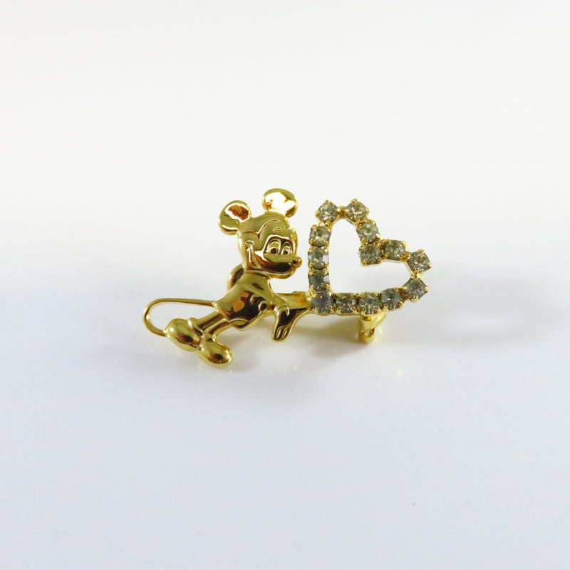 Vintage Mickey Mouse Holding Heart Rhinestone Lapel Hat Pin Brooch