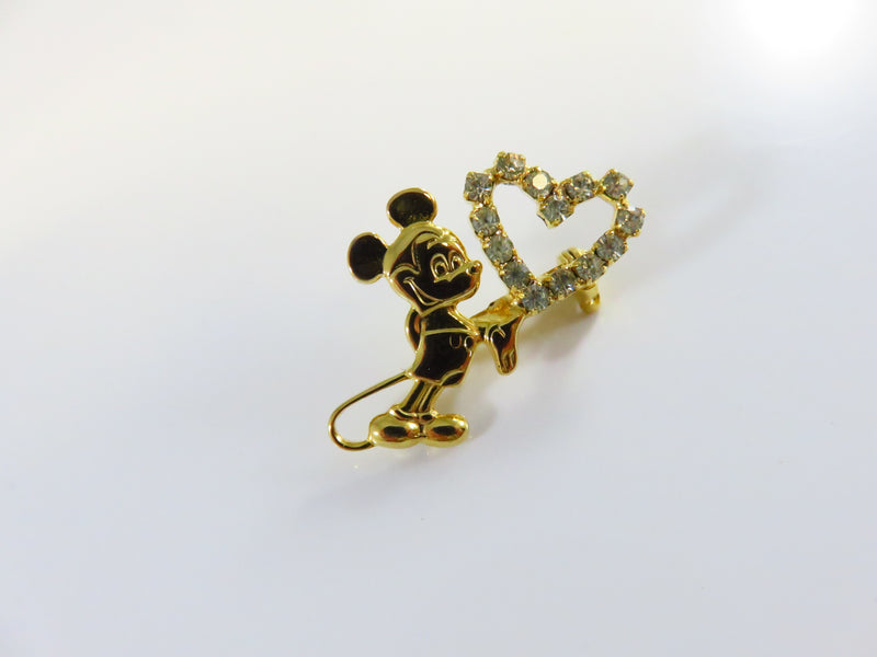 Vintage Mickey Mouse Holding Heart Rhinestone Lapel Hat Pin Brooch