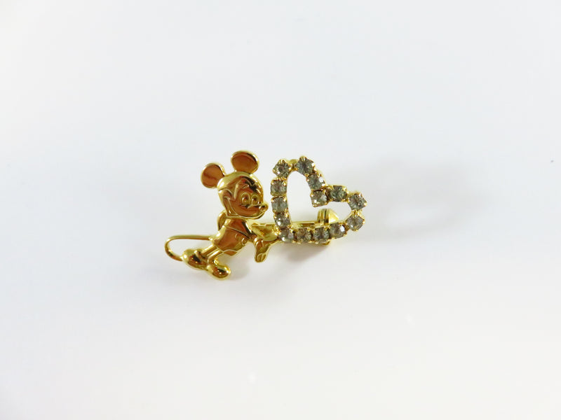 Vintage Mickey Mouse Holding Heart Rhinestone Lapel Hat Pin Brooch