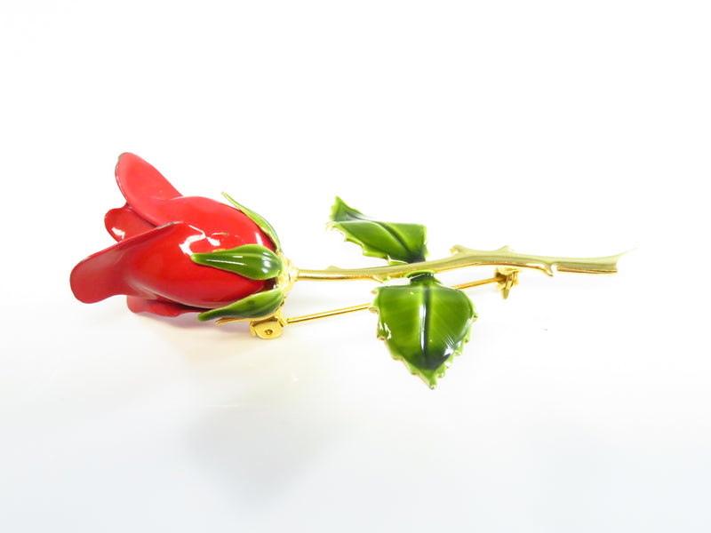 Rose Bud Lapel Pin Brooch Red Green Enameled Gold Tone 3"