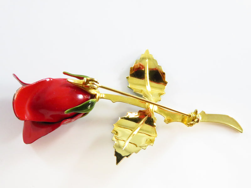 Rose Bud Lapel Pin Brooch Red Green Enameled Gold Tone 3"