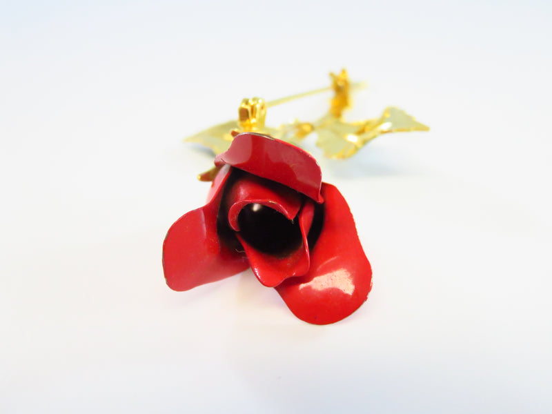 Rose Bud Lapel Pin Brooch Red Green Enameled Gold Tone 3"