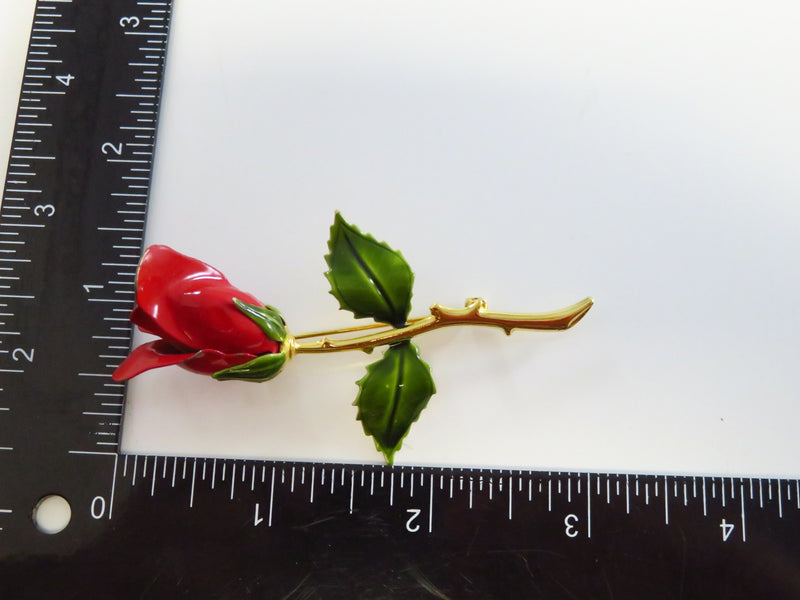 Rose Bud Lapel Pin Brooch Red Green Enameled Gold Tone 3"