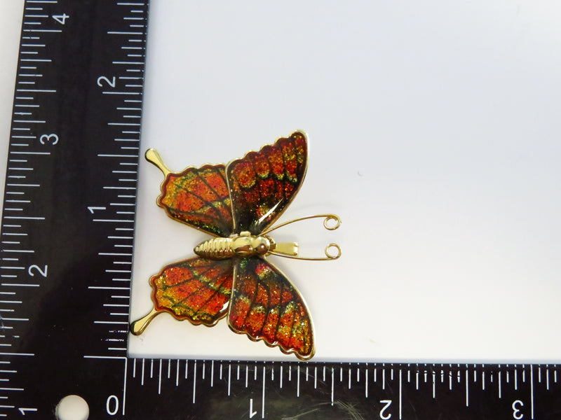 Glittery Gold Tone Butterfly Pendant Brooch 1 5/8 x 1 5/8