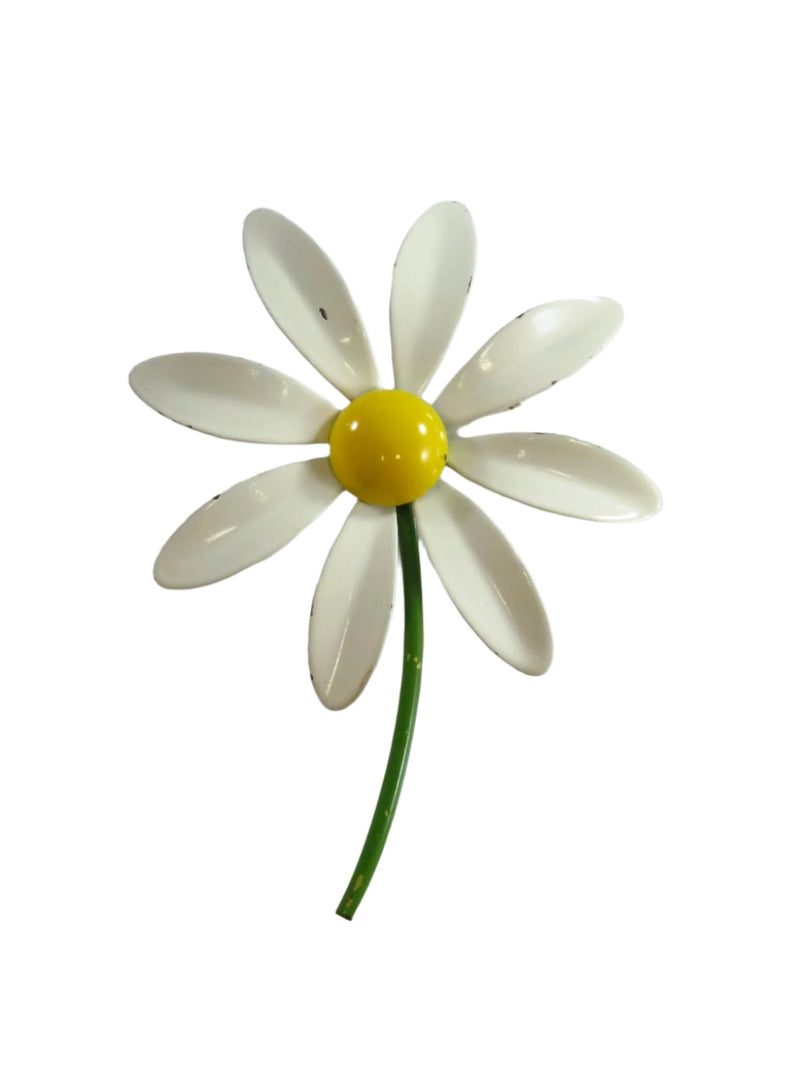 c1960's Daisy Flower Power Hippie Brooch Painted White Yellow and Green