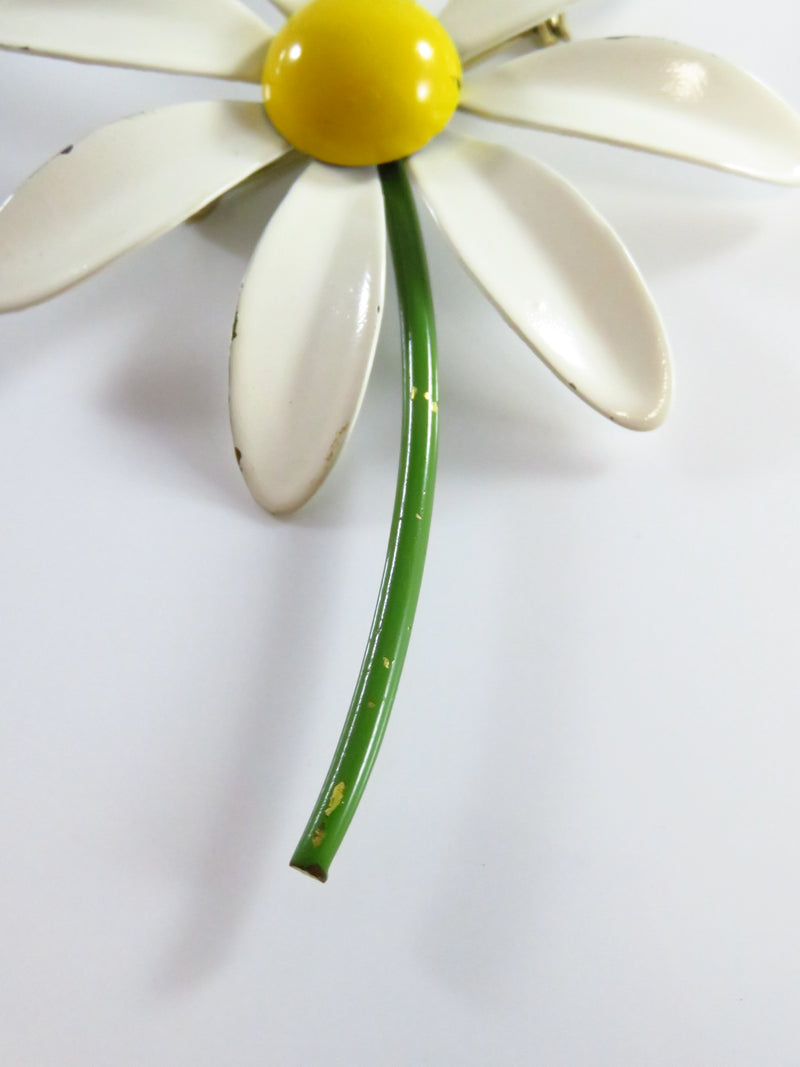 c1960's Daisy Flower Power Hippie Brooch Painted White Yellow and Green