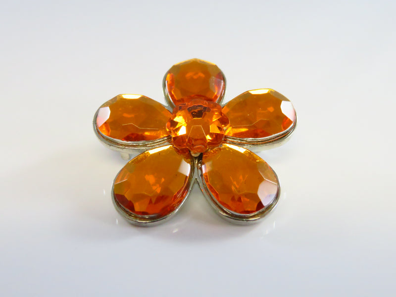 Citrine Orange Flower Brooch Pin Silver Tone Metal 1 3/8"