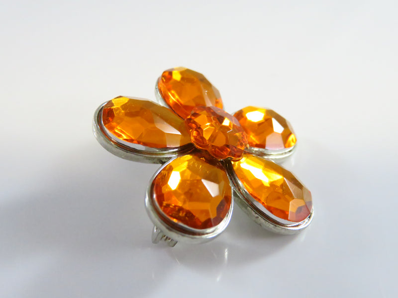 Citrine Orange Flower Brooch Pin Silver Tone Metal 1 3/8"