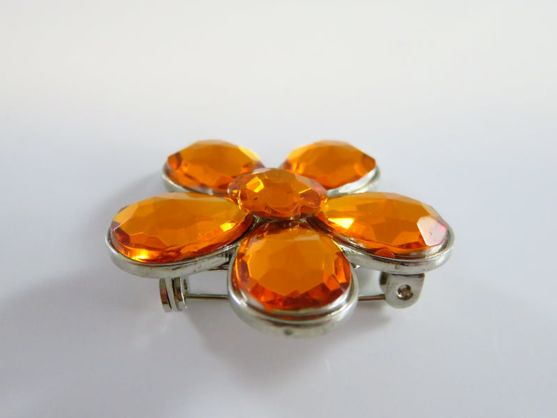 Citrine Orange Flower Brooch Pin Silver Tone Metal 1 3/8"