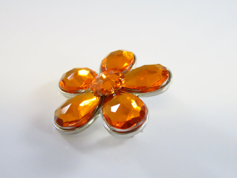 Citrine Orange Flower Brooch Pin Silver Tone Metal 1 3/8"