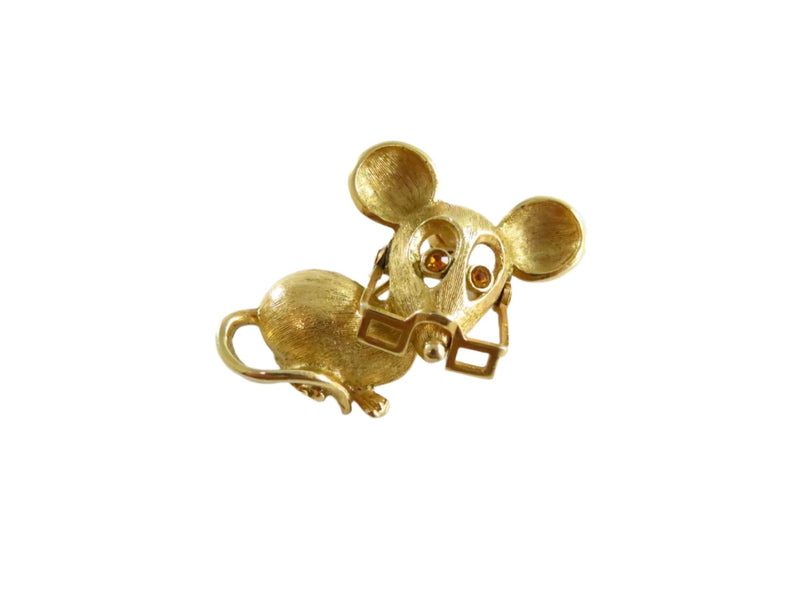 Adorable Mouse with Reading Glasses Book Worm Librarian Brooch — Gold — front view
