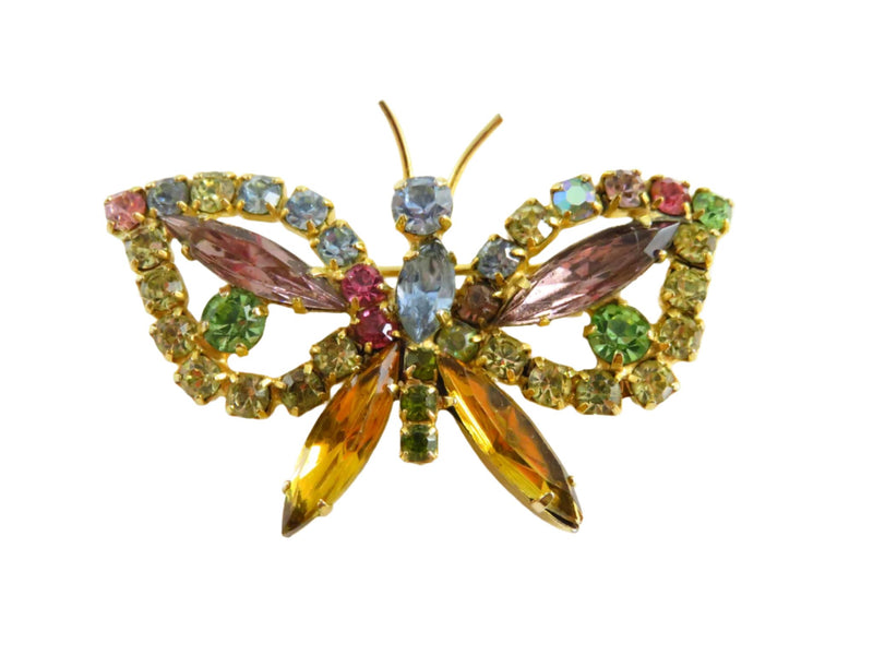 Rainbow Rhinestone Butterfly Brooch Multi Color Gold Tone Butterfly