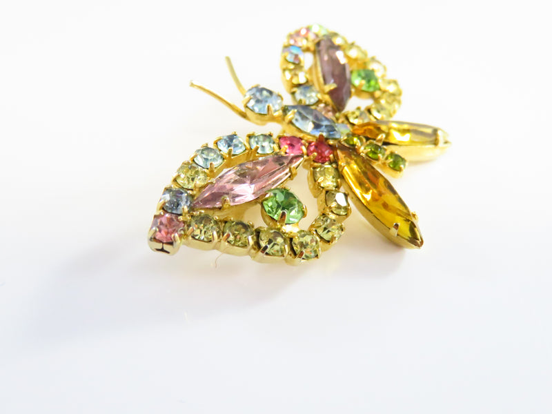 Rainbow Rhinestone Butterfly Brooch Multi Color Gold Tone Butterfly