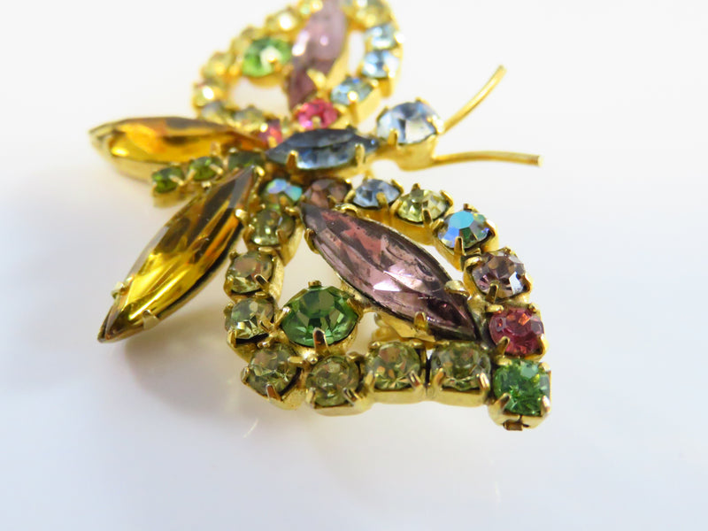 Rainbow Rhinestone Butterfly Brooch Multi Color Gold Tone Butterfly