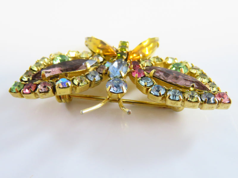 Rainbow Rhinestone Butterfly Brooch Multi Color Gold Tone Butterfly