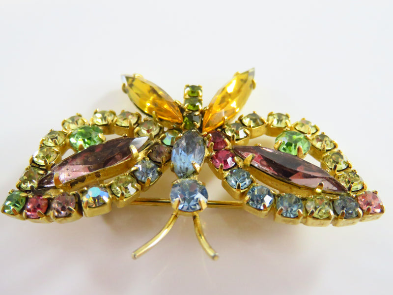 Rainbow Rhinestone Butterfly Brooch Multi Color Gold Tone Butterfly