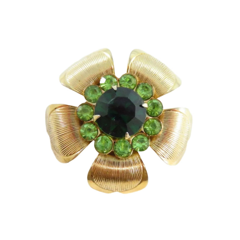 50's Style Green Rhinestone Gold Tone Flower Brooch With Recurved Petals