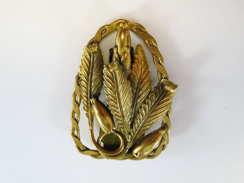 Victorian Revival Dress Clip with Iris Flower Buds & Spiraling Leaf Motif Gold Gilded