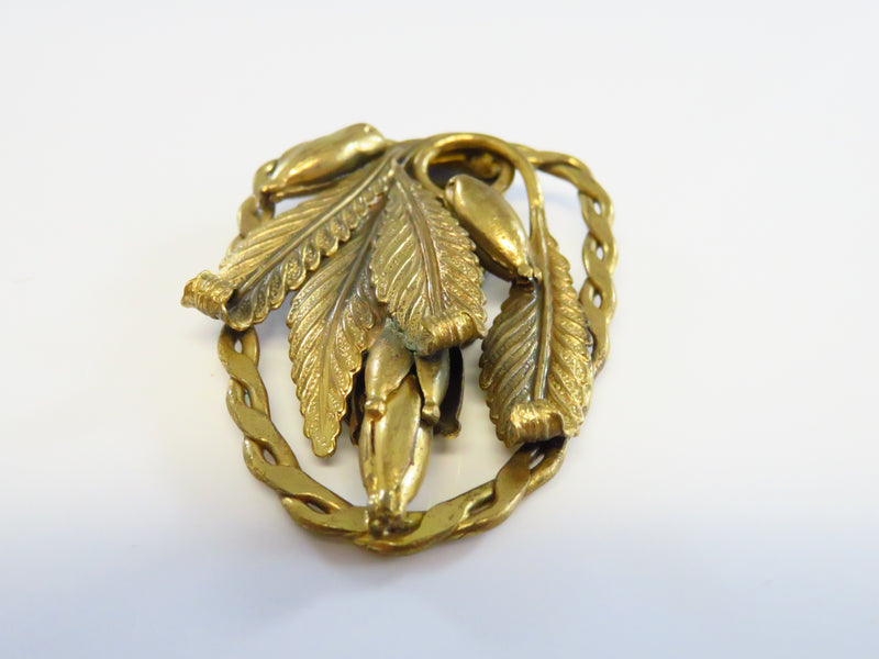 Victorian Revival Dress Clip with Iris Flower Buds & Spiraling Leaf Motif Gold Gilded