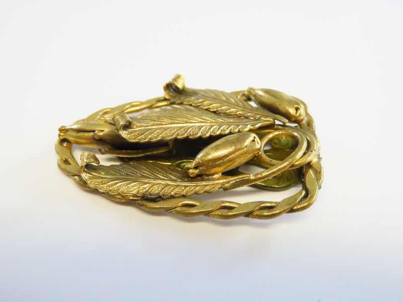 Victorian Revival Dress Clip with Iris Flower Buds & Spiraling Leaf Motif Gold Gilded