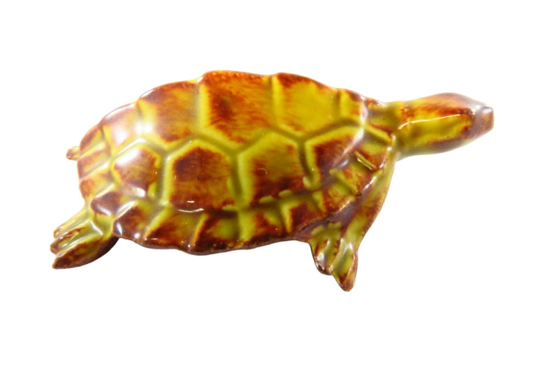 Beautifully Glazed Ceramic Turtle in Yellow & Brown Small 2 1/4" long — front view