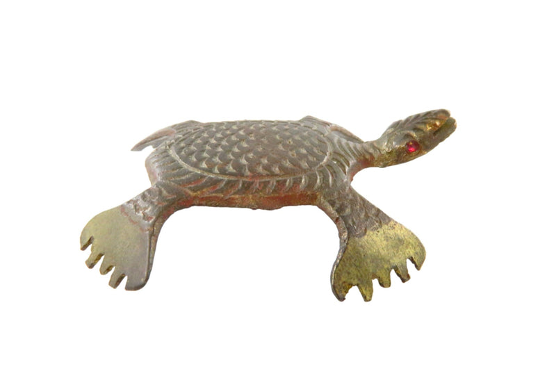 Small Brass Turtle with Little Red Eyes and Scratchy Paws / Vintage — front view