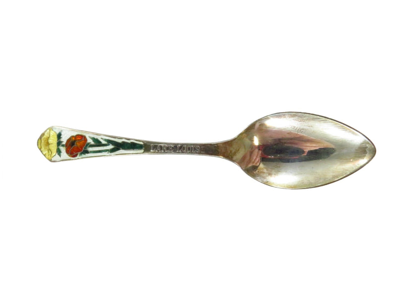 Sterling Flower Decorated Enamel Lake Louise Souvenir Spoon 4 5/16" — Sterling Silver, Silver — front view