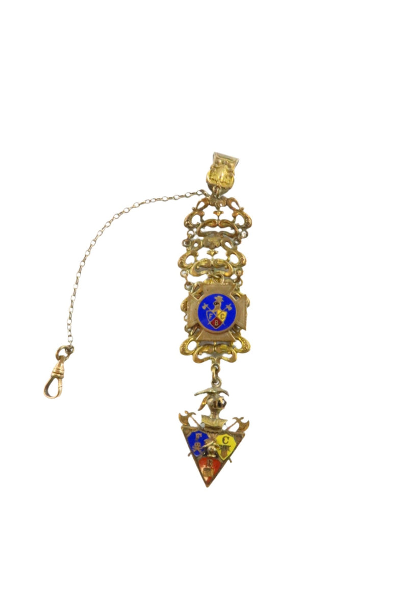 Knights of Pythias Panel Ribbon Watch Chain Belt Waist Pocket Clip With Medal & Fob — Watches • Gold — front view