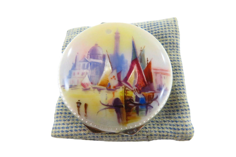 Gorgeous Guilloche Enamel City Scape Boat Scene Sterling Silver Powder Compact — Sterling Silver, Silver — front view