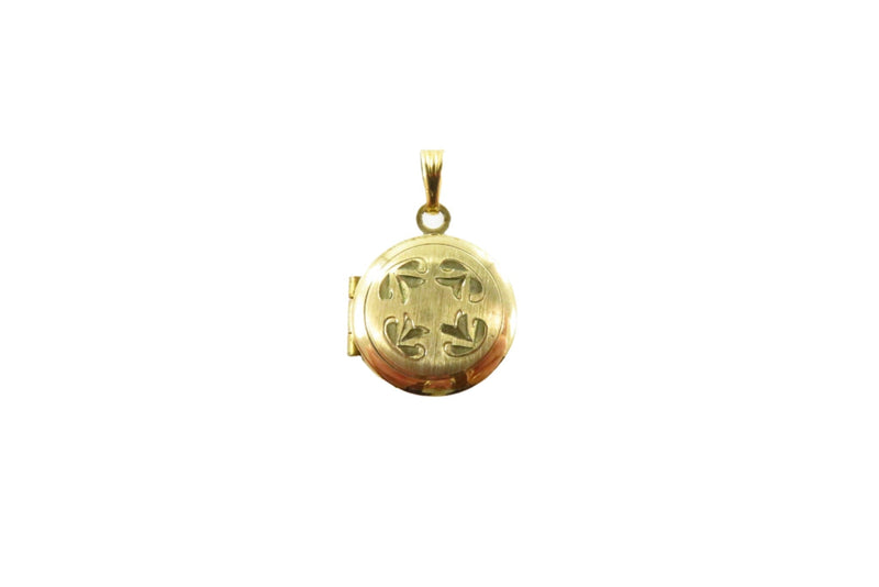 JMS Gold Filled Round Photo Locket Charm Vintage Etched Design — Gold — front view