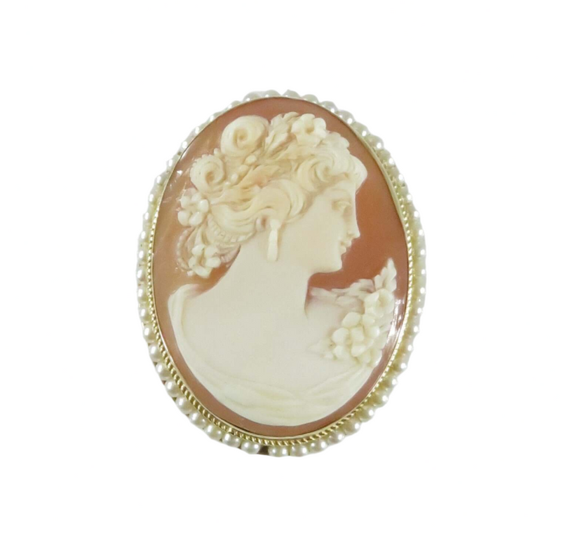 14K Right Facing Portrait Cameo Brooch Pendant With Pearl Surround by F&F Felger