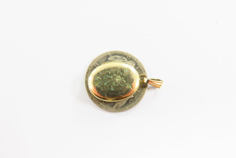 Gold Filled Oval Photo Locket Charm Vintage Engraved Flower Design Letter P