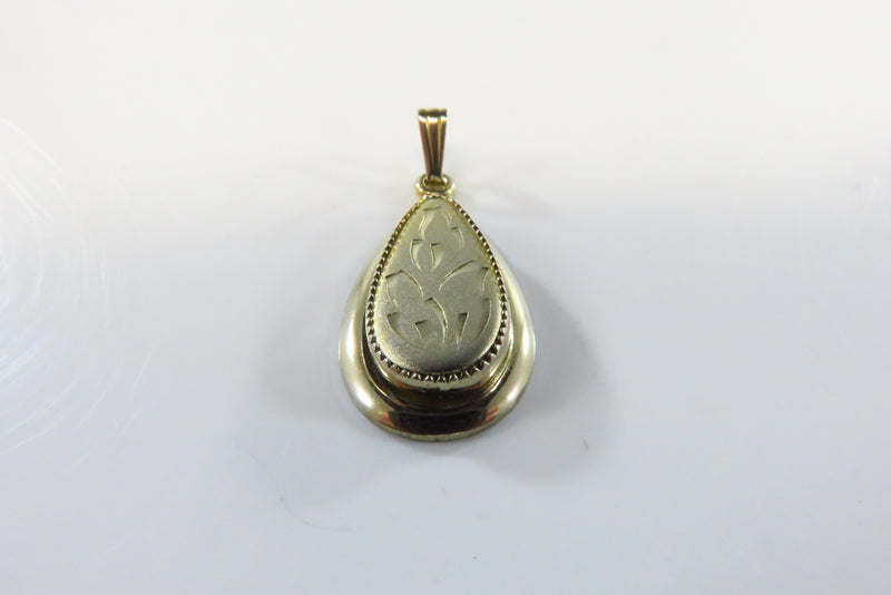 Gold Filled Tear Drop Pendant Vintage Etched Design Sign TK