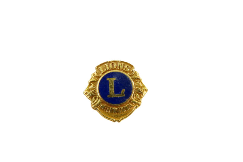 Vintage Lions Club International Gilded Enameled Screw Back Lapel Pin — 10K, Gold — front view
