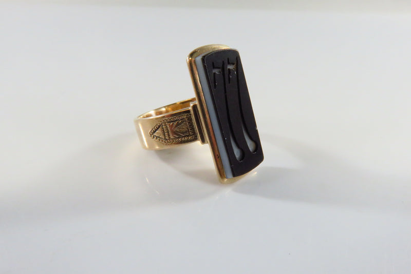 1877 Victorian Hardstone Intaglio 77 Etched Gold Band Victorian 10K Size 4 3/4