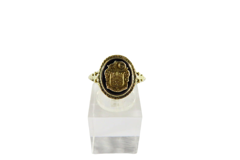 14K Yellow Gold Fraternity Emblem Onyx Plaque Ring Art Deco Style Size 5 3/4
