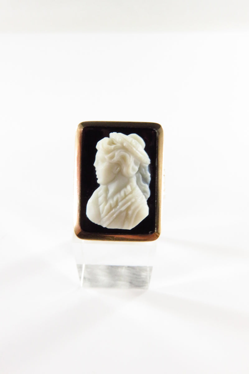 Carved Onyx Hardstone Cameo Etched Gold Band Victorian 10K Size 7 1/4