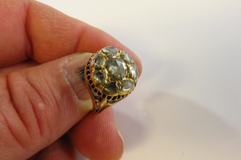 14K Victorian Round Rose Cut Diamond Cluster Statement Ring Unisex Size 10