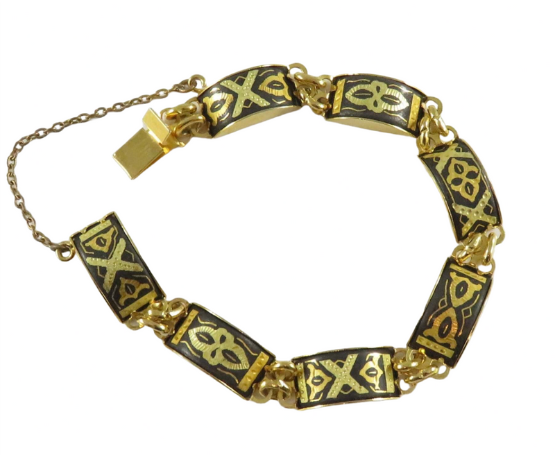 Vintage Toledo Style Damascene Curved Panel Bracelet With Safety Chain